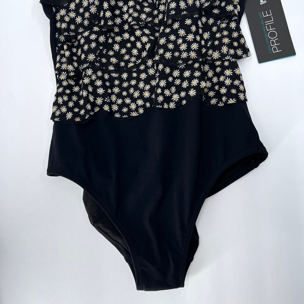 PROFILE BY GOTTEX One Piece Swimsuit Women 10 Black Daisy Ruffle Scoop Neck New - Picture 8 of 12